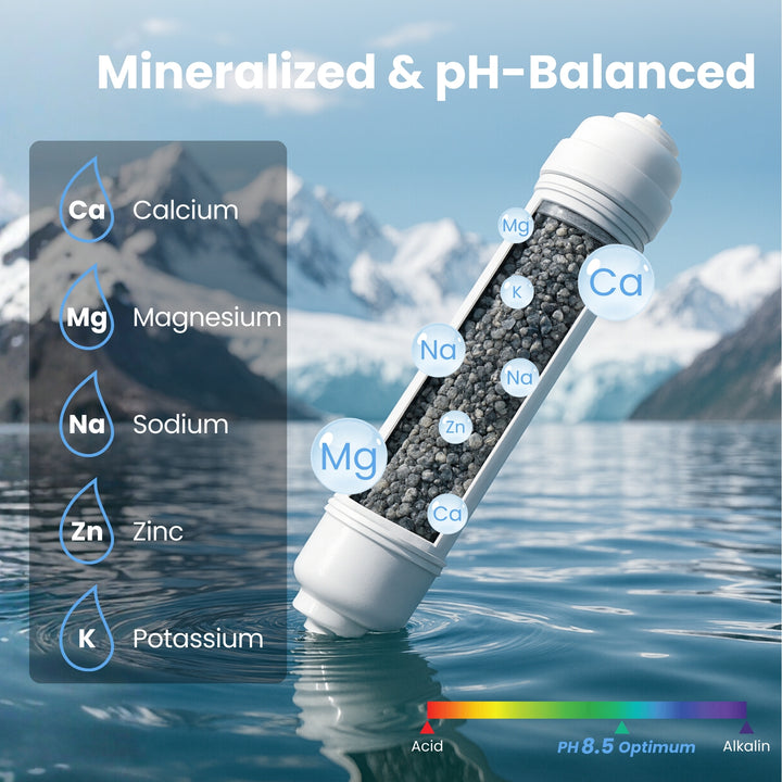 Remineralization Filter adds essential minerals like calcium, magnesium, and sodium to enhance water quality and balance pH levels. 